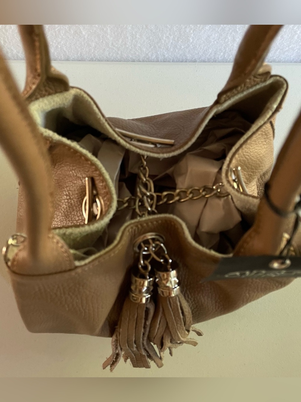 🔥 NWT Brown Pebbled Italian Leather Shoulder Bag Yes Accessories Tassel Hobo - Picture 13 of 14